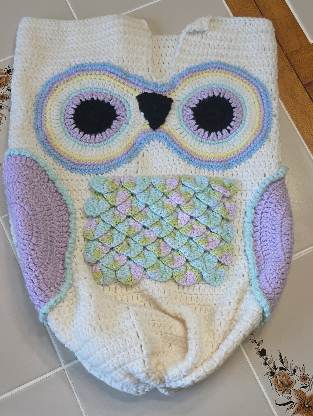 Handmade New Born Sak Cream Crochet Owl One-Piece with Pastel Accents